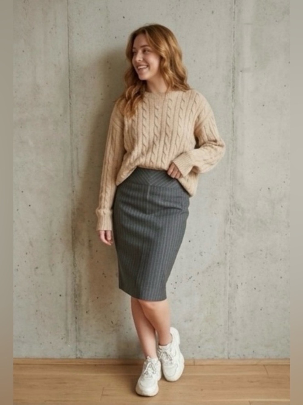 VTG Casual Corner Gray Pinstripe Wool-Blend Pencil Skirt 10